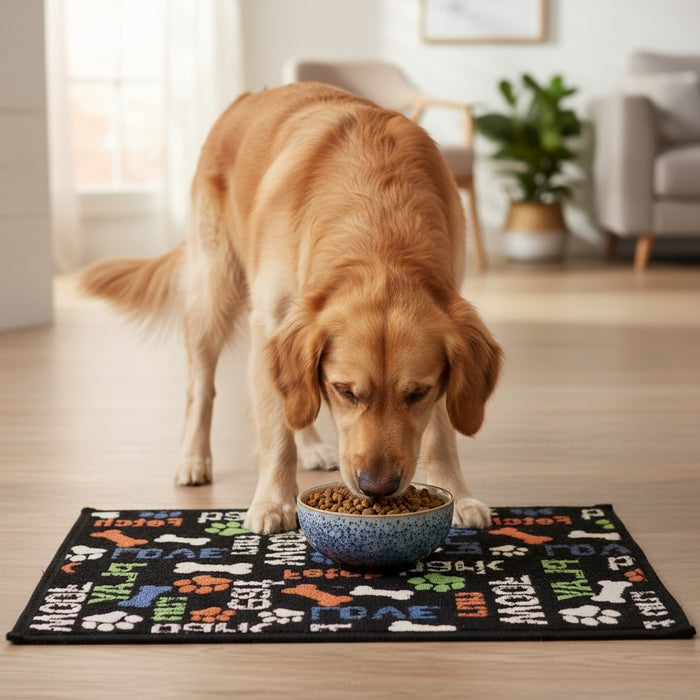 Pet Bowl Mats for Food and Water, Rectangle Non-Slip Cotton Backing with 5mm Foam Mat for Dogs and Cats, Size: 13” x 19”.