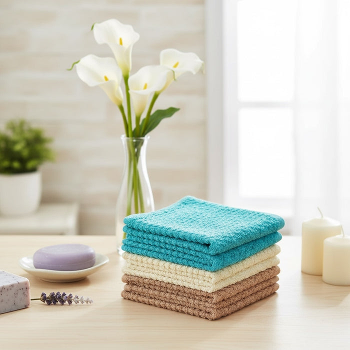 Washcloths Set of 8 - Popcorn Weave Wash Cloth Designed to Exfoliate Your Hands, Body or Face - Extra Absorbent 100% Ring Spun Cotton 12" X 12"