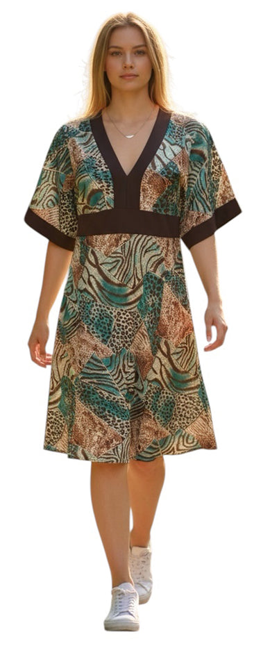 Women Summer Short-sleeve tunic magenta and cream Animal Print Design, V-neck, with Black Belt tie back.