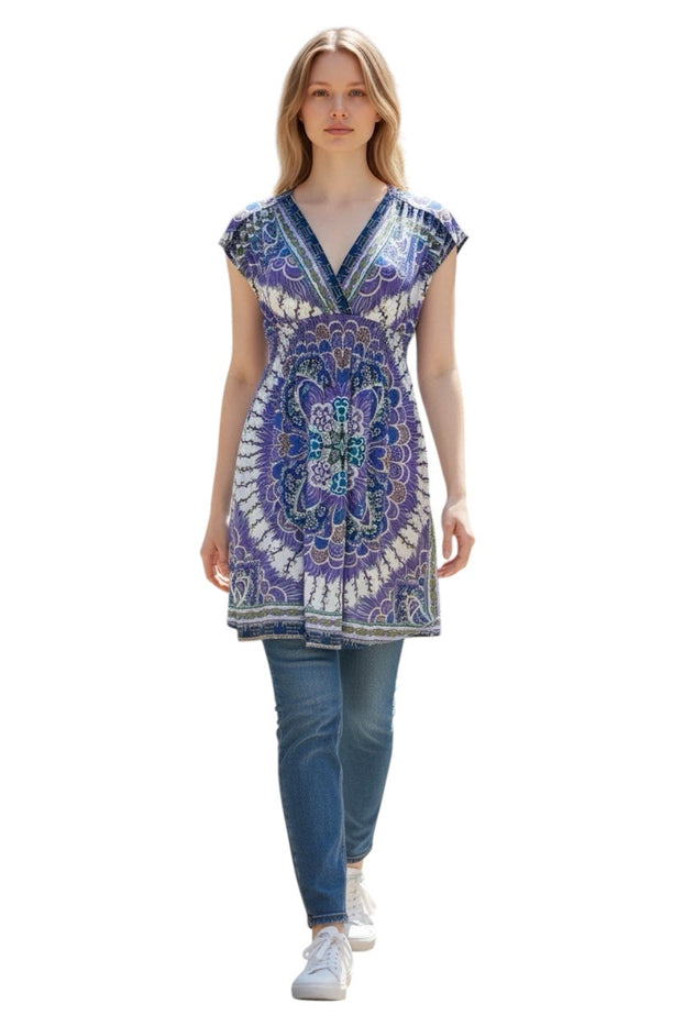 Women Summer Short-sleeves, deep V-neck animal print and smocked waist short dress.