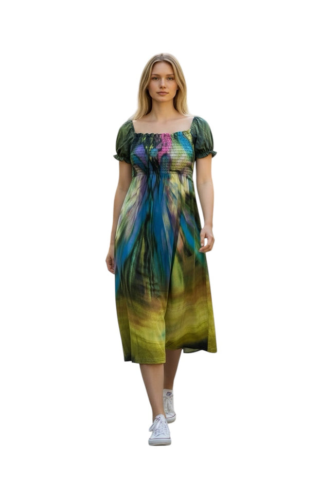 Women's multi-color tie-dye Square Neck, Short sleeves with elastic cuffs, Midi-length Frill Trim Square Neck dress.