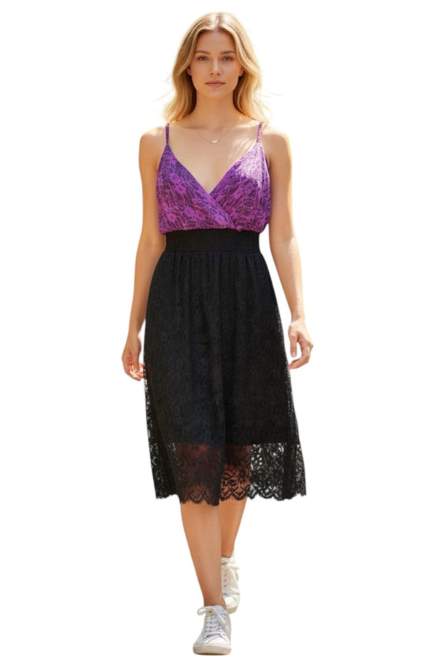 Purple & Black cinched V-neck sleeveless dress with thin Shoulder straps.