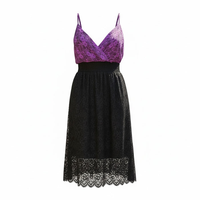 Purple & Black cinched V-neck sleeveless dress with thin Shoulder straps.