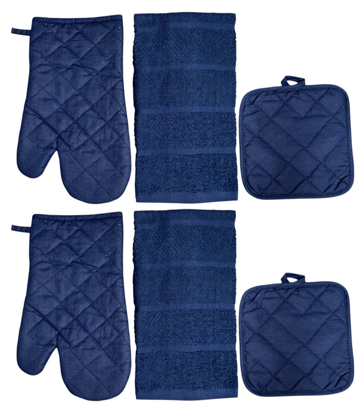 Six Pcs, Solid Quilted Heat-Resistant Kitchen Sets: 2 Kitchen Towels, 2 Oven Mitts, and 2 Potholders Ultra-Absorbent and Durable.