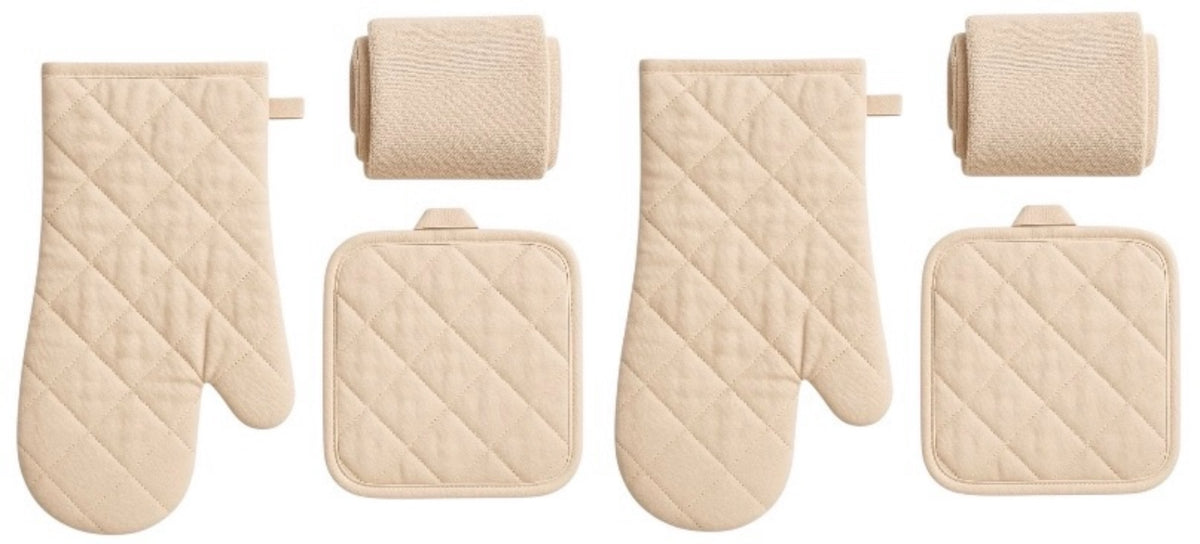 Six Pcs, Solid Quilted Heat-Resistant Kitchen Sets: 2 Kitchen Towels, 2 Oven Mitts, and 2 Potholders Ultra-Absorbent and Durable.
