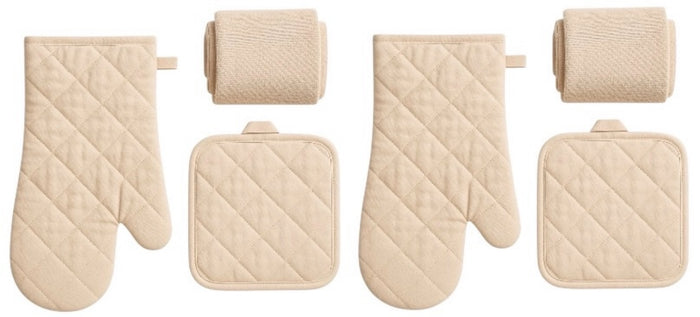 Six Pcs, Solid Quilted Heat-Resistant Kitchen Sets: 2 Kitchen Towels, 2 Oven Mitts, and 2 Potholders Ultra-Absorbent and Durable.