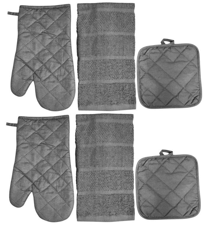 Six Pcs, Solid Quilted Heat-Resistant Kitchen Sets: 2 Kitchen Towels, 2 Oven Mitts, and 2 Potholders Ultra-Absorbent and Durable.