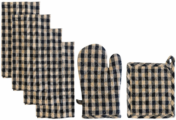 Set of 6, 100% Cotton Farmhouse Country Kitchen Linen Set, Included 4 Kitchen Towel, Ovenmitt, Potholder.