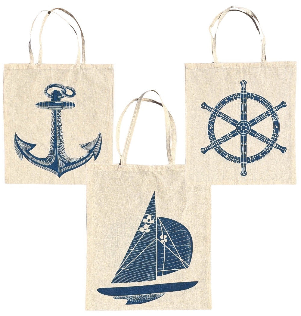 Nautical Design 3 Pcs, Natural Canvas Tote Bags Size: 14 x 16 inch. Wheels, Anchor and ship Double side Same Print, Tote bags, Reusable for Grocery Shopping Bags Machine Washable.