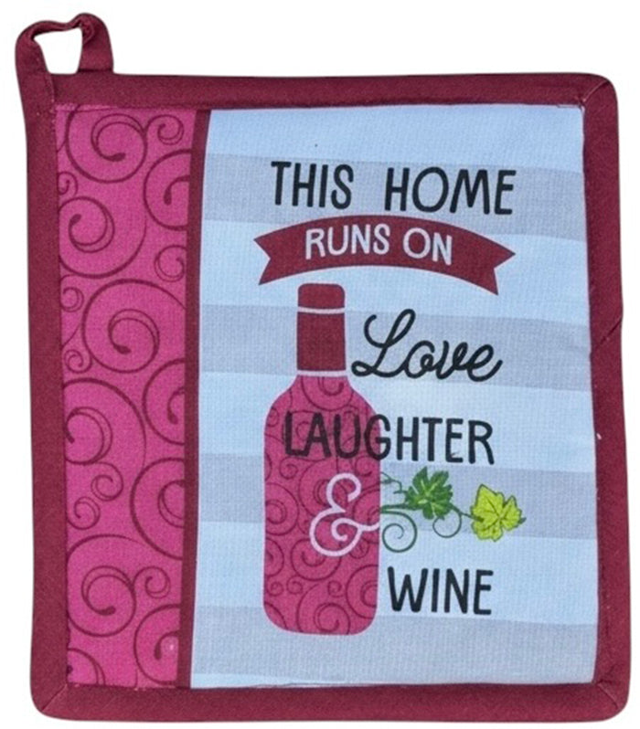 This Home Runs on Love, Laughter & Wine Printed Kitchen Linen Sets Non-Slip, Heat Resistant Set of 4, Includes 2 Kitchen Towels, Potholder & Oven Mitt.
