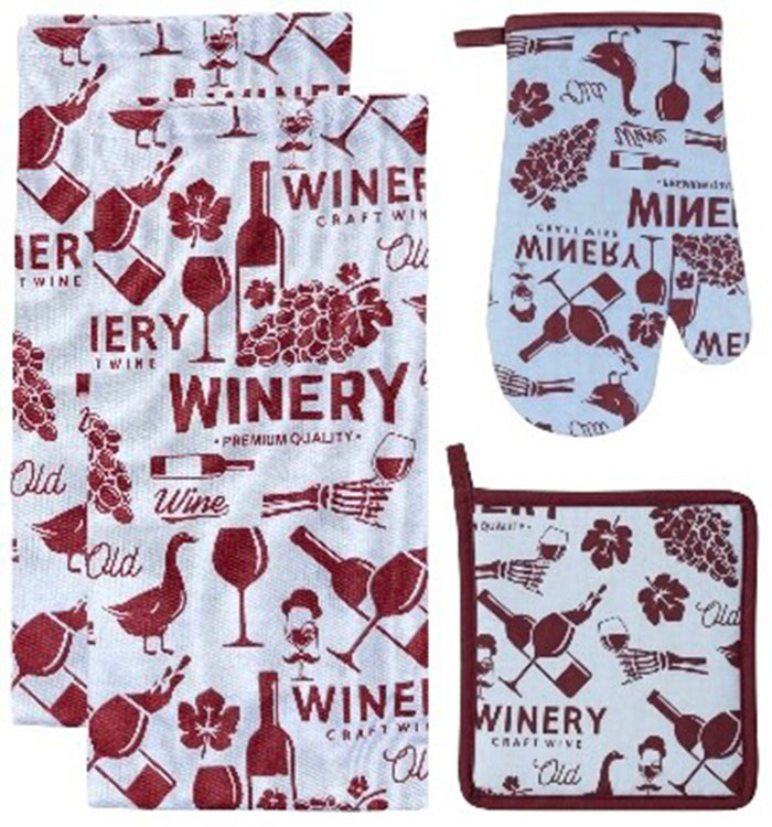 Winery Craft, Wine Bottle, Grapes, Stems, and Geese Printed Kitchen Linen Sets Non-Slip, Heat Resistant Set of 4, Includes 2 Kitchen Towels, Potholder & Oven Mitt.