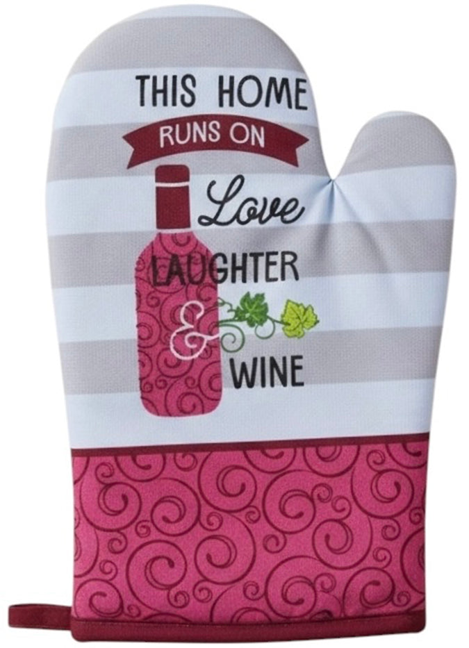 This Home Runs on Love, Laughter & Wine Printed Kitchen Linen Sets Non-Slip, Heat Resistant Set of 4, Includes 2 Kitchen Towels, Potholder & Oven Mitt.