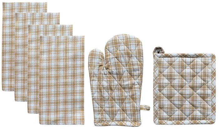 Buffalo Plaid 100% Cotton Non-Slip, Heat-Resistant Set of 6 Kitchen Linen Set, Includes 4 Kitchen Towels, Oven mitt, Pot Holder.