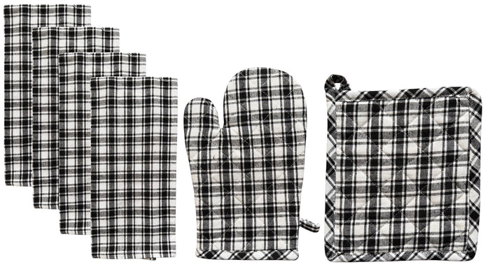 Buffalo Plaid 100% Cotton Non-Slip, Heat-Resistant Set of 6 Kitchen Linen Set, Includes 4 Kitchen Towels, Oven mitt, Pot Holder.