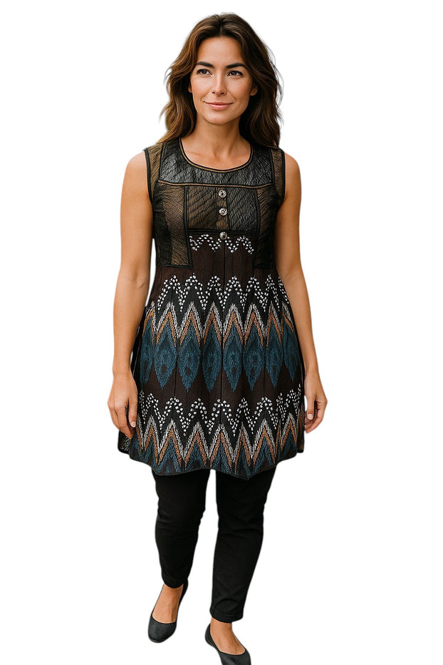 Geometric Pattern 100% Cotton women tunic Round Neckline and patchwork design with silver button, Sleeveless Tunic, Kurti.