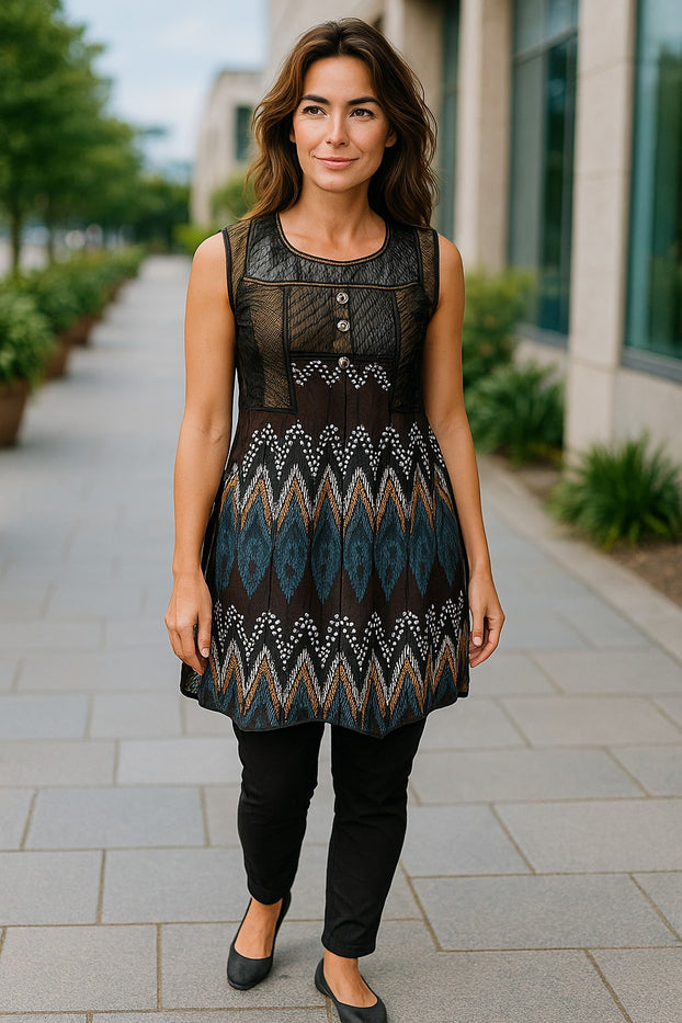 Geometric Pattern 100% Cotton women tunic Round Neckline and patchwork design with silver button, Sleeveless Tunic, Kurti.
