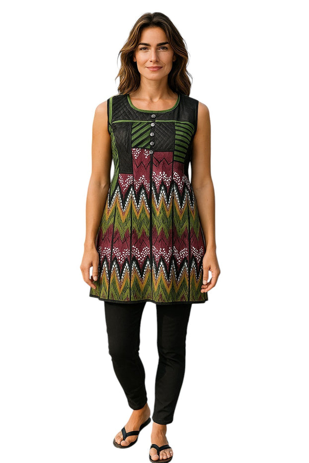 Geometric Pattern 100% Cotton women tunic Round Neckline and patchwork design with silver button, Sleeveless Tunic, Kurti.
