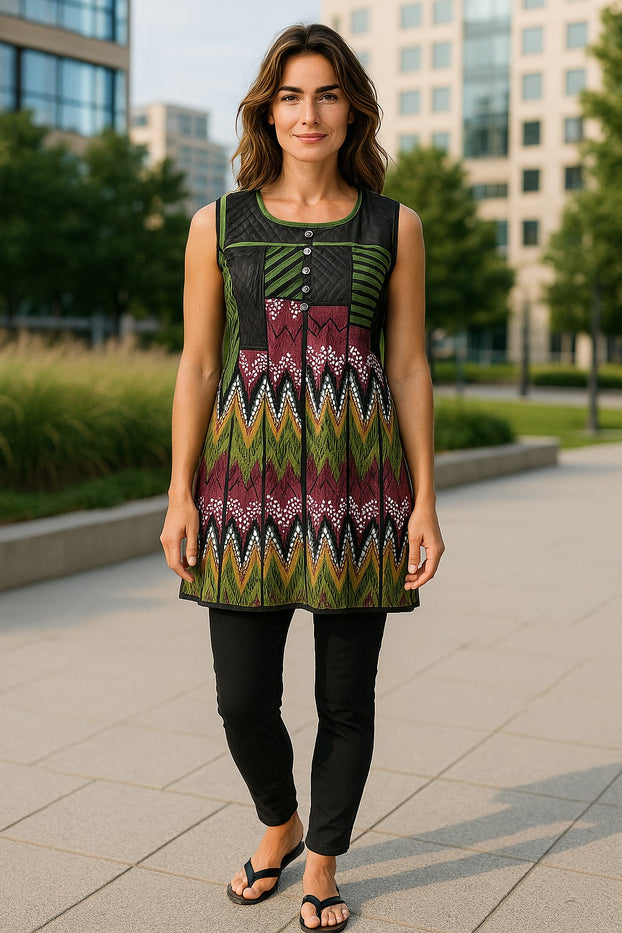 Geometric Pattern 100% Cotton women tunic Round Neckline and patchwork design with silver button, Sleeveless Tunic, Kurti.