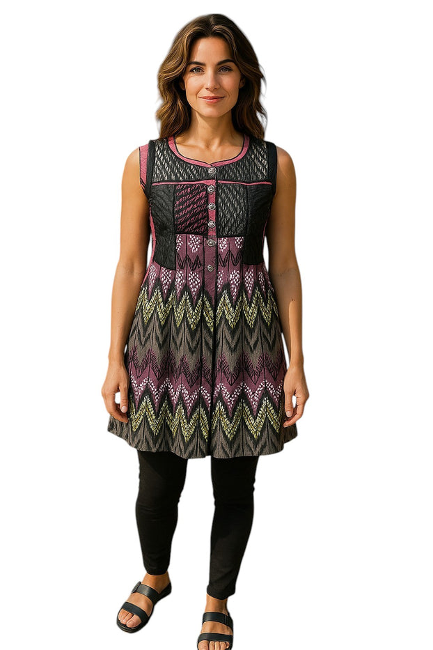 Geometric Pattern 100% Cotton women tunic Round Neckline and patchwork design with silver button, Sleeveless Tunic, Kurti.
