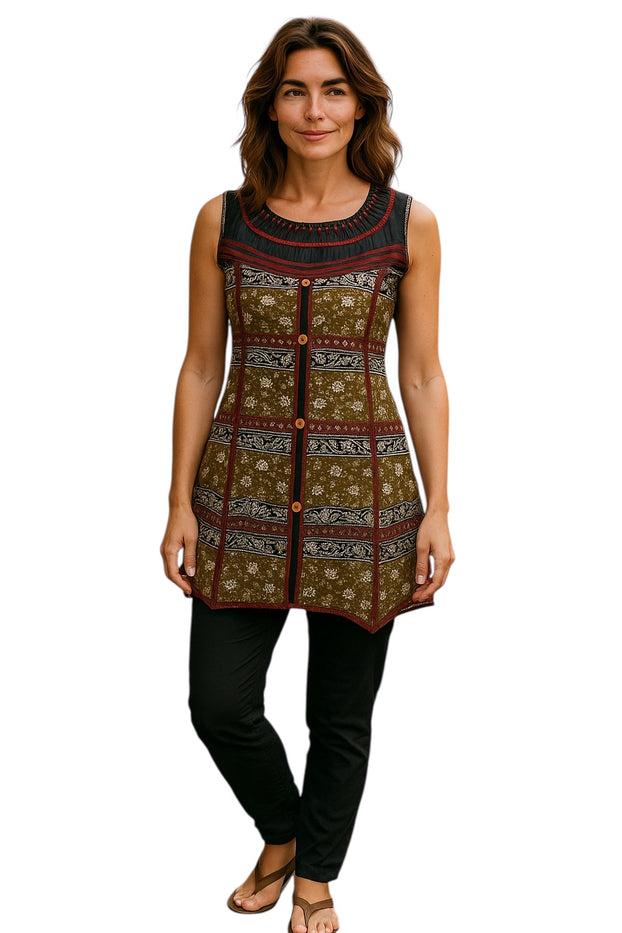 100% Cotton, Floral and geometric patterns with Black lace on the Neckline, Two-tone color Vertical stripes with a wooden button. Round Neck and Sleeveless Tunic, Kurti.