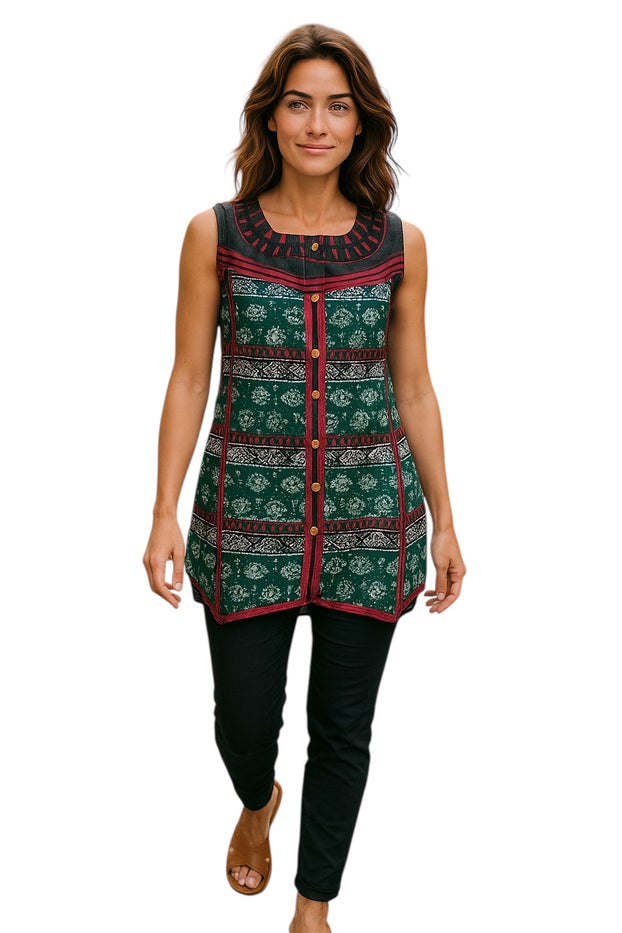 100% Cotton, Floral and geometric patterns with Black lace on the Neckline, Two-tone color Vertical stripes with a wooden button. Round Neck and Sleeveless Tunic, Kurti.