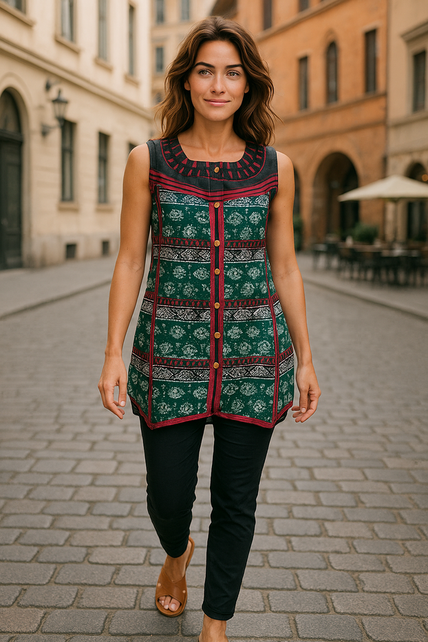 100% Cotton, Floral and geometric patterns with Black lace on the Neckline, Two-tone color Vertical stripes with a wooden button. Round Neck and Sleeveless Tunic, Kurti.