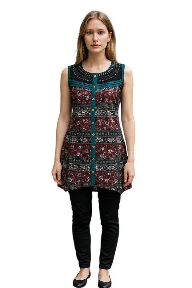100% Cotton, Floral and geometric patterns with Black lace on the Neckline, Two-tone color Vertical stripes with a wooden button. Round Neck and Sleeveless Tunic, Kurti.