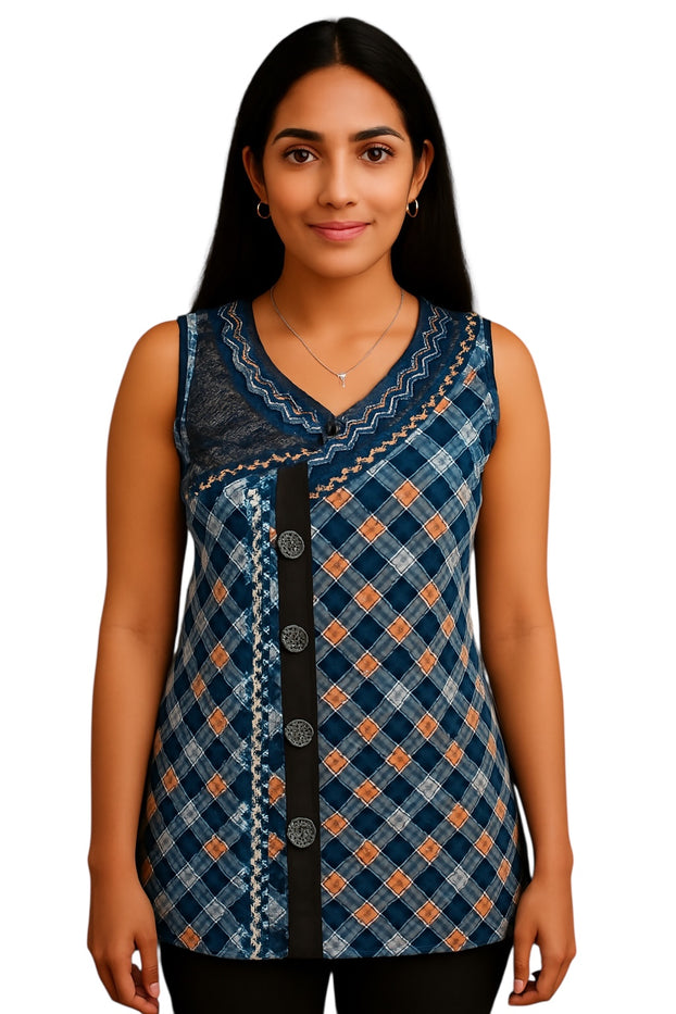 100% Cotton Diamond Pattern Vertical Panel with four buttons, Decorative Neckline V-Shape Sleeveless Tunic, Kurti.