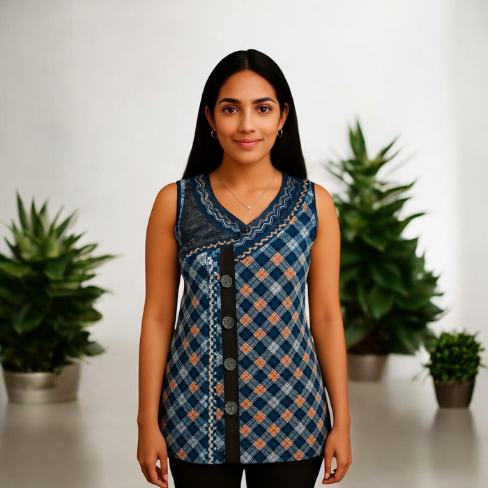 100% Cotton Diamond Pattern Vertical Panel with four buttons, Decorative Neckline V-Shape Sleeveless Tunic, Kurti.