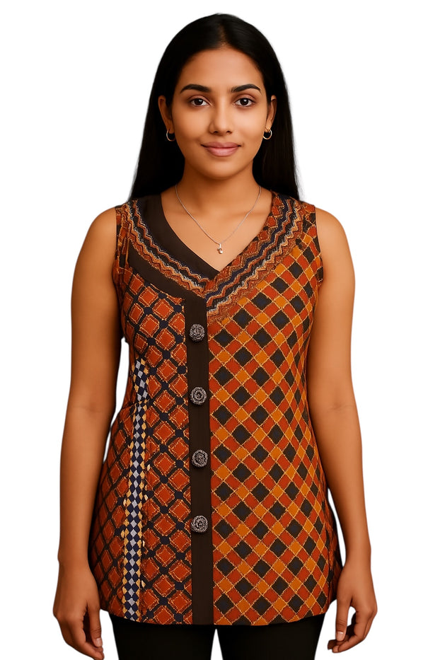 100% Cotton Diamond Pattern Vertical Panel with four buttons, Decorative Neckline V-Shape Sleeveless Tunic, Kurti.