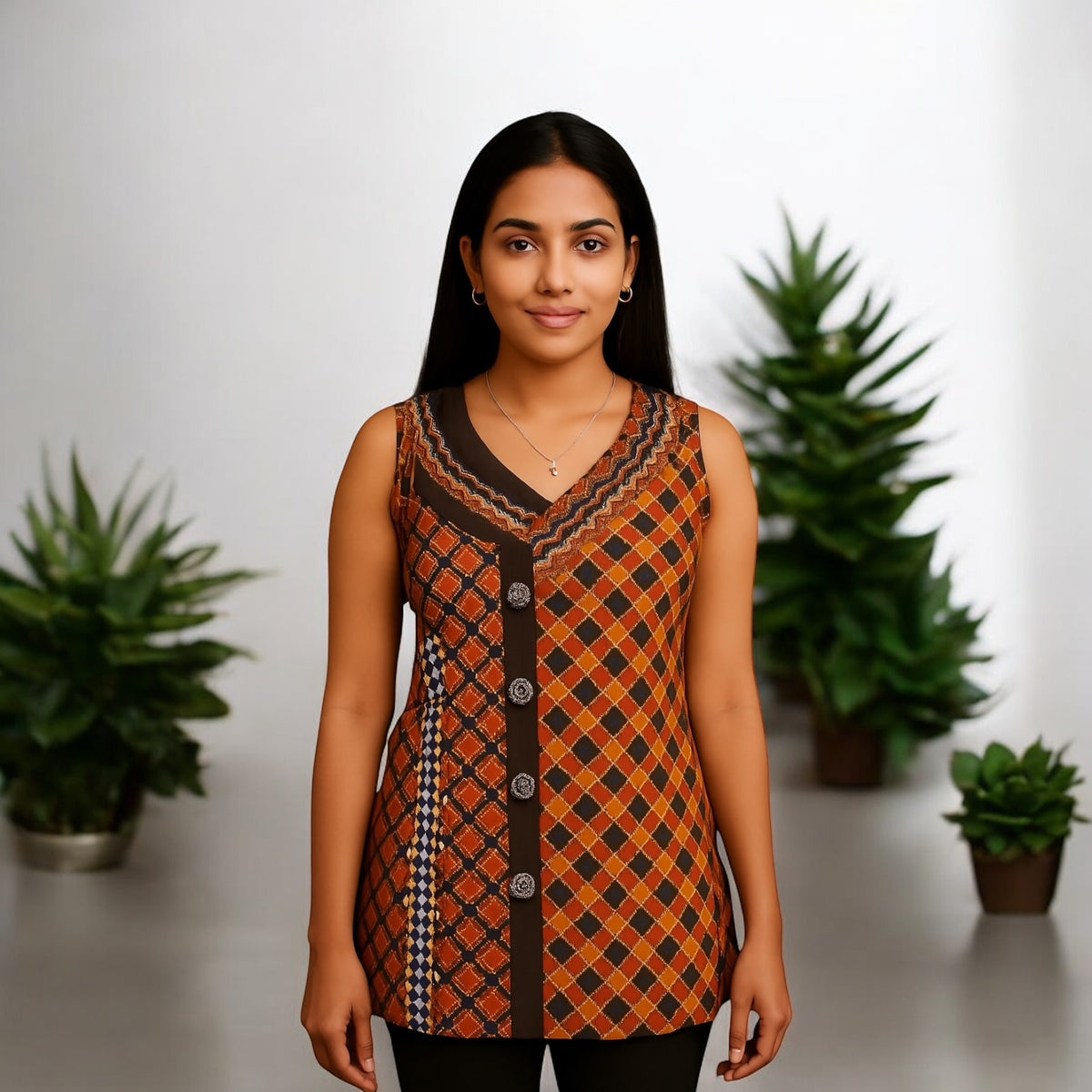 100% Cotton Diamond Pattern Vertical Panel with four buttons, Decorative Neckline V-Shape Sleeveless Tunic, Kurti.