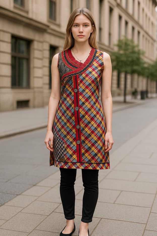 100% Cotton Diamond Pattern Vertical Panel with four buttons, Decorative Neckline V-Shape Sleeveless Tunic, Kurti.