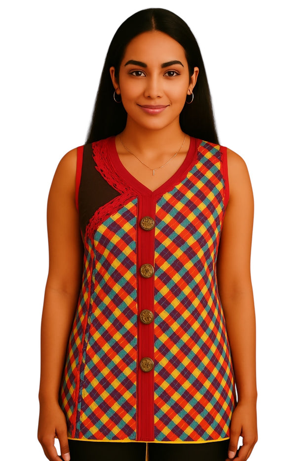 100% Cotton Diamond Pattern Vertical Panel with four buttons, Decorative Neckline V-Shape Sleeveless Tunic, Kurti.