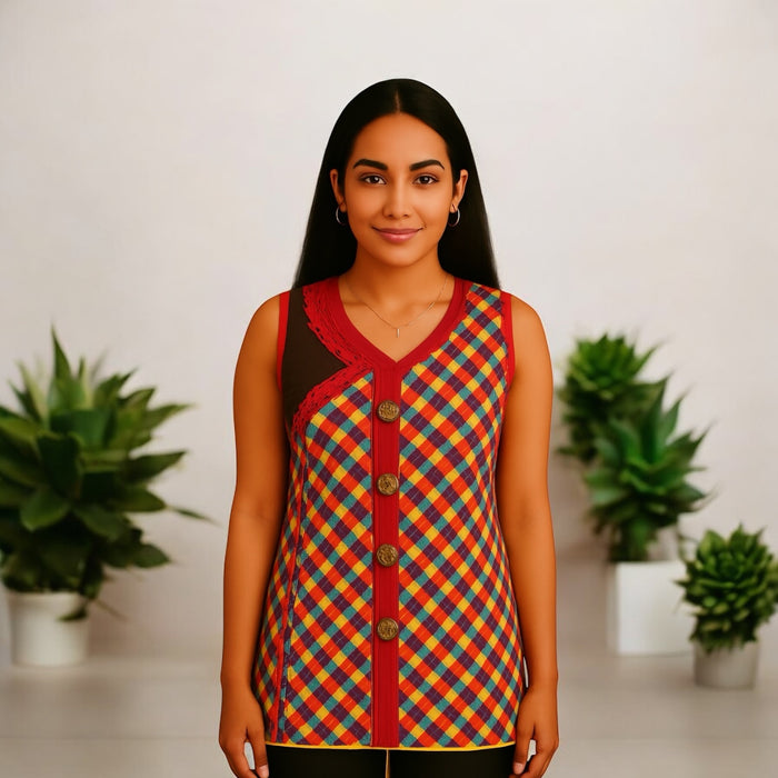100% Cotton Diamond Pattern Vertical Panel with four buttons, Decorative Neckline V-Shape Sleeveless Tunic, Kurti.