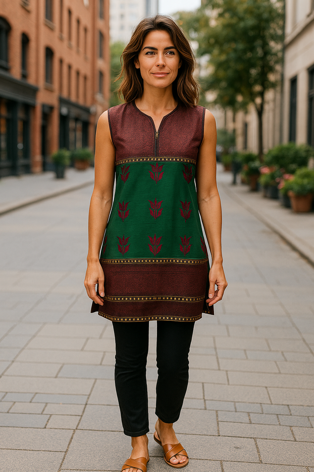 100% Cotton, Two tone color Tunic center panel floral with golden stripes Black Piping with V-neck and Sleeveless Knee-length Kurti, Top.