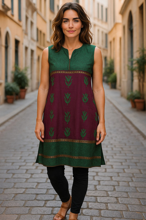 100% Cotton, Two tone color Tunic center panel floral with golden stripes Black Piping with V-neck and Sleeveless Knee-length Kurti, Top.