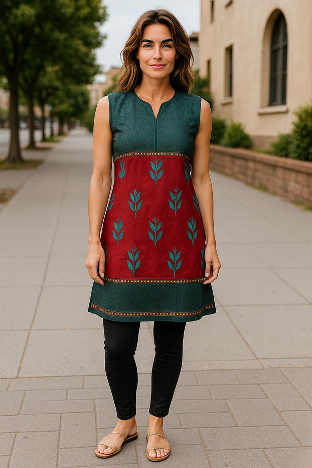 100% Cotton, Two tone color Tunic center panel floral with golden stripes Black Piping with V-neck and Sleeveless Knee-length Kurti, Top.