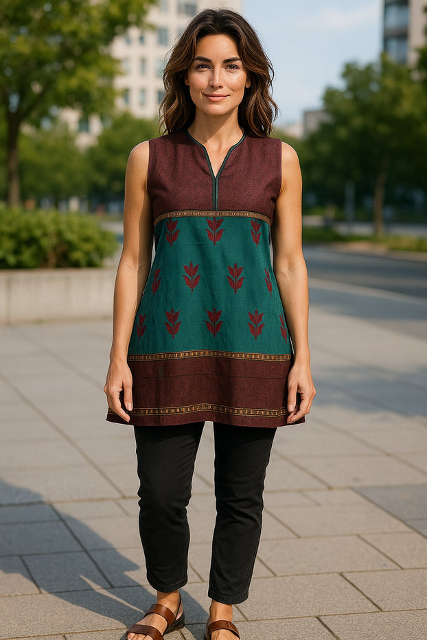 100% Cotton, Two tone color Tunic center panel floral with golden stripes Black Piping with V-neck and Sleeveless Knee-length Kurti, Top.