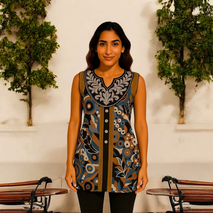 100% Cotton Floral and Geometric Pattern with black neckline embellished with silver embroidery. Round Neck Sleeveless, Tunic, Kurti.