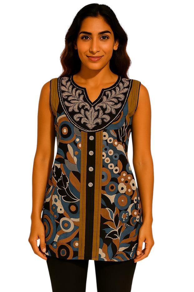 100% Cotton Floral and Geometric Pattern with black neckline embellished with silver embroidery. Round Neck Sleeveless, Tunic, Kurti.