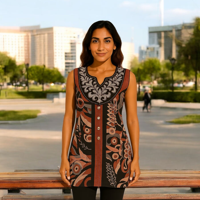 100% Cotton Floral and Geometric Pattern with black neckline embellished with silver embroidery. Round Neck Sleeveless, Tunic, Kurti.