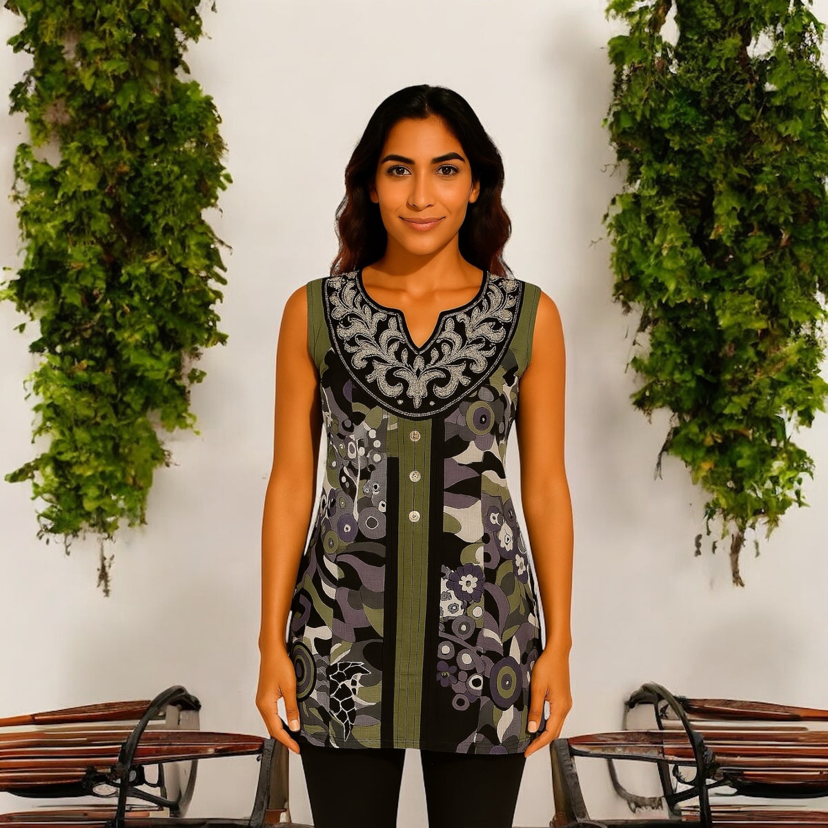 100% Cotton Floral and Geometric Pattern with black neckline embellished with silver embroidery. Round Neck Sleeveless, Tunic, Kurti.