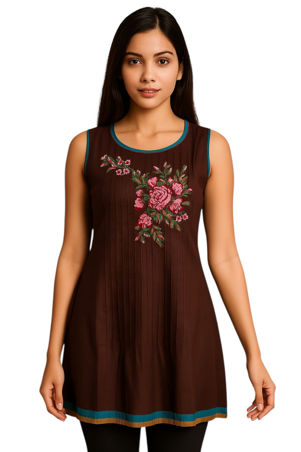 100% Cotton Vertical Stitched Pleats with Floral embroider Multi Color trimmed Round Neck, hem and armholes. Sleeveless Tunic, Kurti.