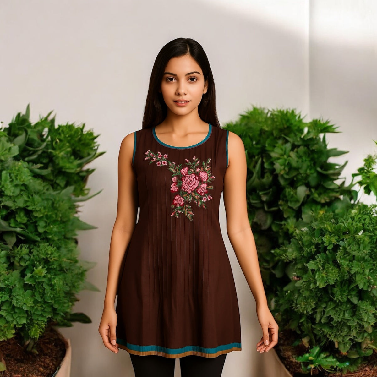 100% Cotton Vertical Stitched Pleats with Floral embroider Multi Color trimmed Round Neck, hem and armholes. Sleeveless Tunic, Kurti.