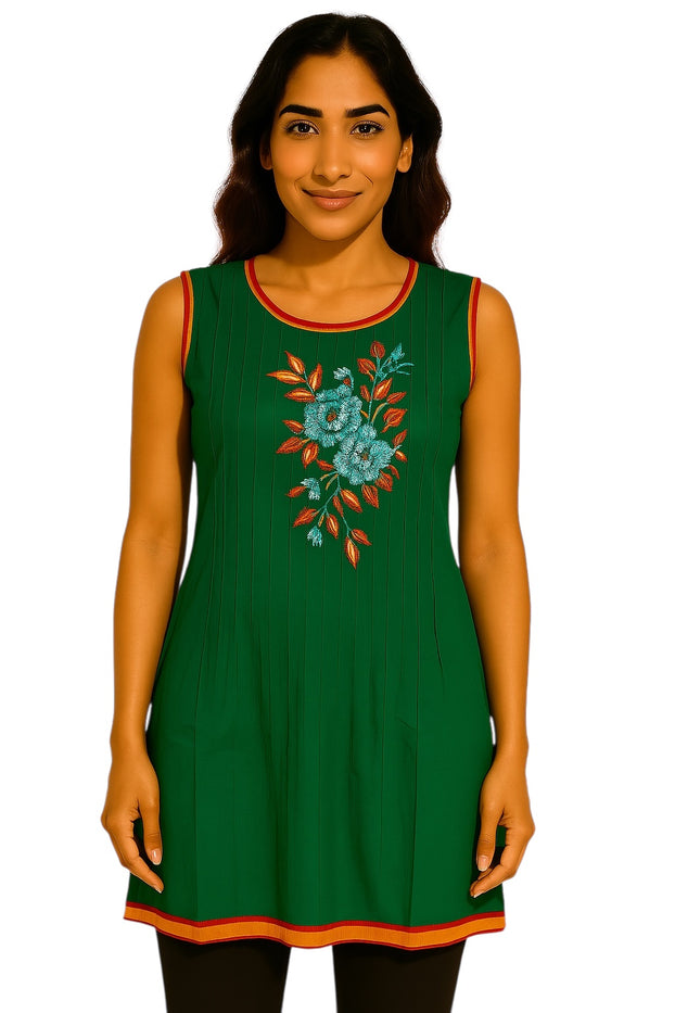100% Cotton Vertical Stitched Pleats with Floral embroider Multi Color trimmed Round Neck, hem and armholes. Sleeveless Tunic, Kurti.