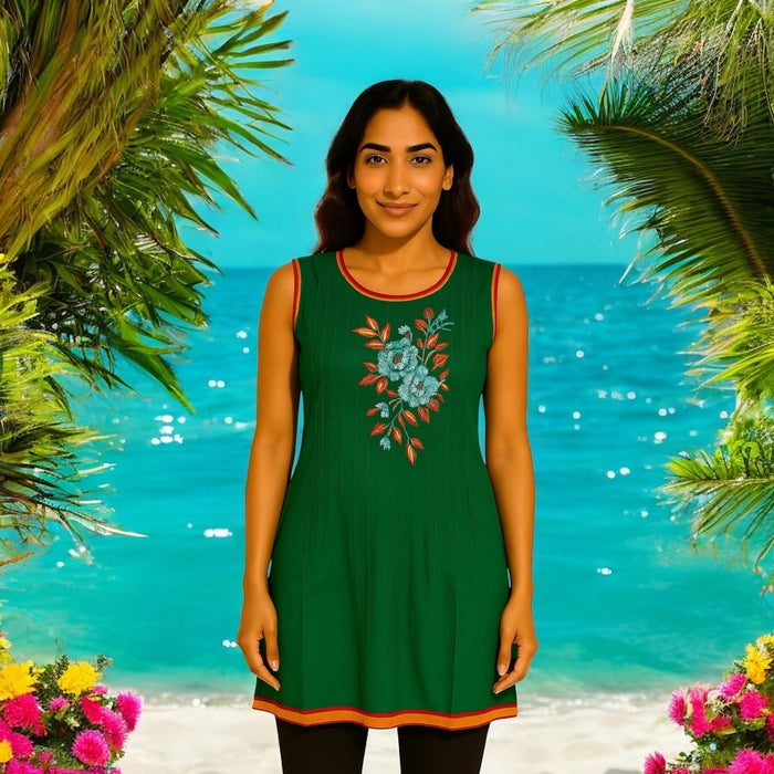 100% Cotton Vertical Stitched Pleats with Floral embroider Multi Color trimmed Round Neck, hem and armholes. Sleeveless Tunic, Kurti.