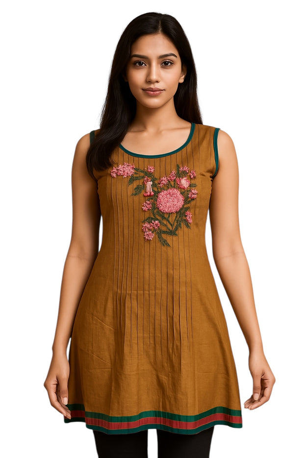 100% Cotton Vertical Stitched Pleats with Floral embroider Multi Color trimmed Round Neck, hem and armholes. Sleeveless Tunic, Kurti.