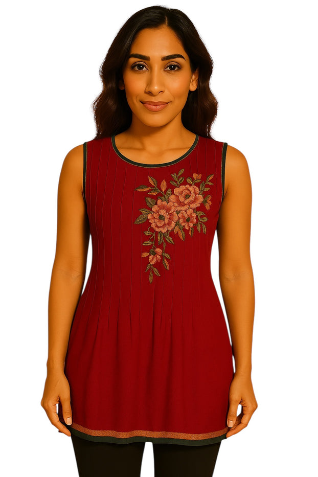 100% Cotton Vertical Stitched Pleats with Floral embroider Multi Color trimmed Round Neck, hem and armholes. Sleeveless Tunic, Kurti.