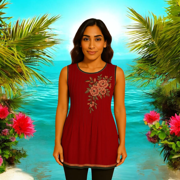 100% Cotton Vertical Stitched Pleats with Floral embroider Multi Color trimmed Round Neck, hem and armholes. Sleeveless Tunic, Kurti.