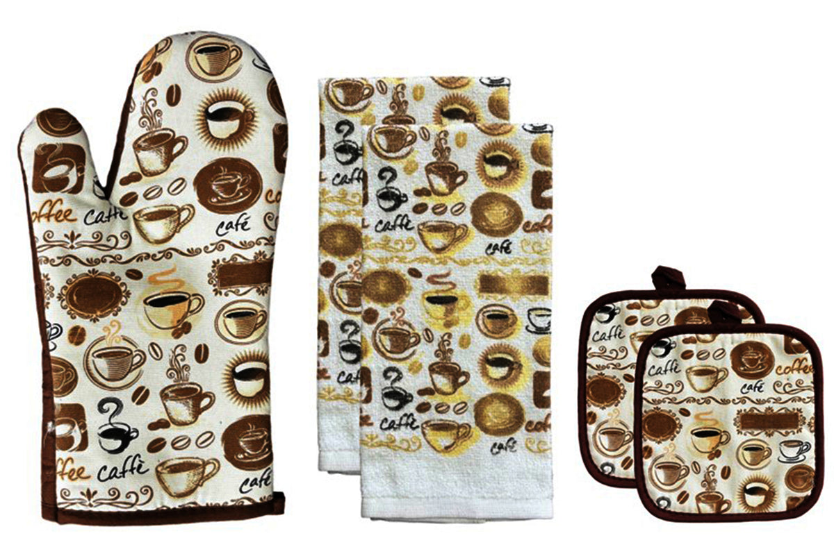 100% Cotton Printed Kitchen Linen Set of 5, Includes 2 Kitchen Towels, 2 Potholder, 1 Oven mitt Kitchen Décor for Cooking, Baking, Barbecue